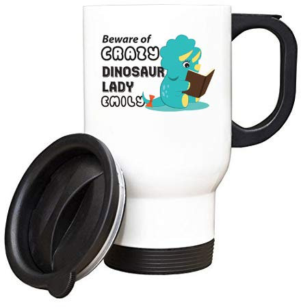 Personalised Beware of Crazy Dinosaur Lady Themed 14 oz Travel Mug. (White)