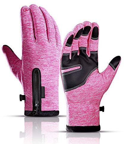 Handschuhe, Handfläche Rutschfestes PU-Leder, Wasserdicht, Anti-verlorene Schnalle, Wärmeisolierung, Wasserdichter Reißverschluss, Geeignet Zum Radfahren, Laufen Im Freien (Pink,M)