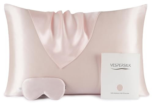 Vespersilk Ensemble taie d'oreiller et masque pour les yeux 100 % soie de mûrier pour la santé des cheveux et de la peau, soie bio 19 mommes de qualité 6A des deux côtés, 50x75 cm, rose)