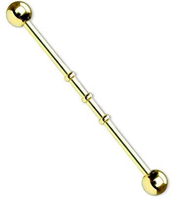Paula & Fritz® Industrial Ohr-Piercing Stab 3 Ringe Chirurgenstahl 38mm Stab-länge 1.6 mm Stab-Dicke Gold Barbell