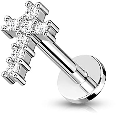 beyoutifulthings 1 Knorpel Ohr-Stecker Zirkonia Kreuz 6 mm Länge Silber Clear Cartilage Labret Piercing-s Tragus Edelstahl Schraub-Verschluss