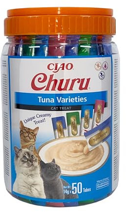 INABA Churu Snack per Gatti Cremoso in 4 Varietà al Tonno - 50 Stick x 14g - Cibo per Gatti da Leccare, Sano e Delizioso - Snack Gatto Senza Conservanti o Coloranti Artificiali, Grain-Free