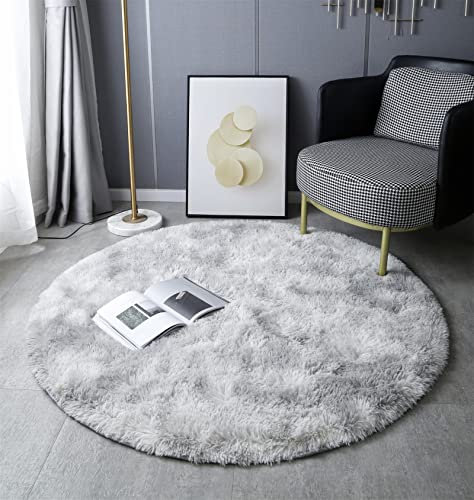 LYKEJI Runder Teppich, Langflor, Modern, für Wohnzimmer, Schlafzimmer, Esszimmer oder Kinderzimmer, Komfortable Hochflor-Bodenmatte Anti-Rutsch-Teppich (120cm X 120cm, Hellgrauer Tie-Dye)