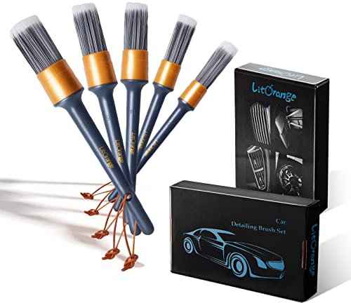 LitOrange Car Detailing Brush Set, 5 Pcs Different PET & PPT Mixed Fiber Plastic Handle Automotive Detail Brushes for Cleaning Interior, Exterior, Wheels, Rims and Leather