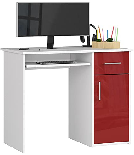 AKORD PC-Schreibtisch PIN mit Tastaturablage | Schreibtisch Klein mit Schubladen | Computertisch | Bürotisch 1 Schublade, 1 Ablagefach mit Tür, B90 x H74 x T50 cm, 29 kg | Weiß & Rot Glänzend Front