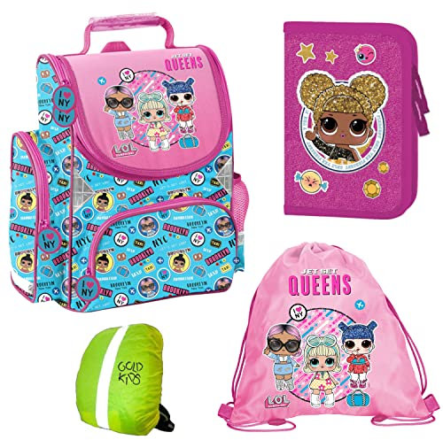 Goldkids L.O.L Surprise LOL Schulranzen Set ergonomischer Ranzen Tornister Federmappe Turnbeutel Regenschutz Mädchen 4-teilig LOL Puppen Lizenz