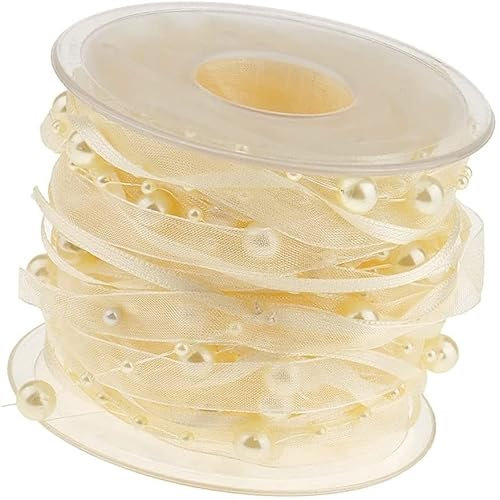 10M Perlenband Chiffon-Band und Organza-Spitze-Band-Dekoband Spitze Zierband für Hochzeits-Blumen- Nähen Handwerk Verpackung (beige)