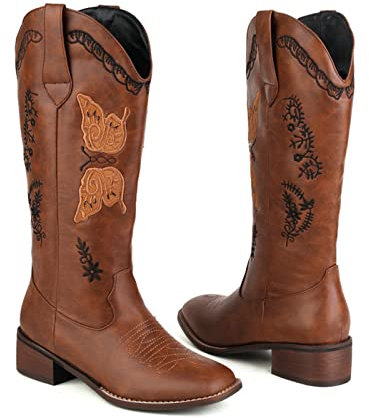 Stivali Alti Ricami Vintage Stivali da Cowboy Occidentali da Donna con Punta Quadrata a V Tacco Grosso e Ginocchio Stivali da Cavaliere Alti,Marrone,46 EU