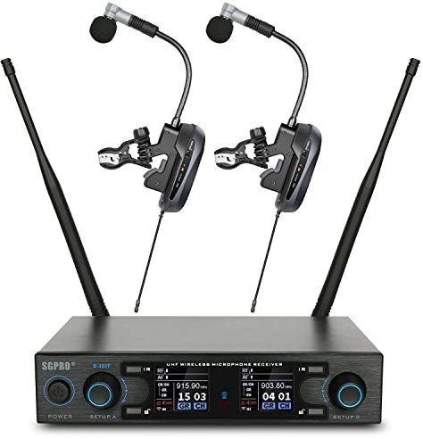 SGPRO Saxophone Microphone Wireless Condenser Gooseneck Live and Recording System Clip-on Sax Mic for Brass Instruments (D-333T | Standard Dual Set)