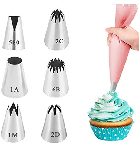 Set de 6 boquillas pasteleras profesionales grandes (580, 2D, 2C, 1M,1A,6B) para manga pastelera - decoración y preparación de cupcakes, tartas, buñuelos, croquetas