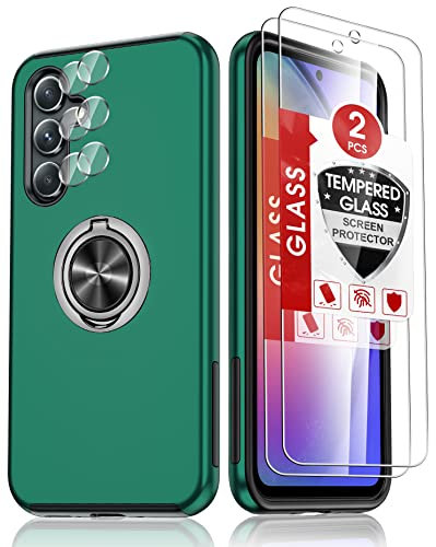 LeYi Hülle für Samsung Galaxy A54 5G Handyhülle mit 2*Schutz Glas Folie & 2*Kamera Folie, TPU Militärschutz Hybrid Schutzhülle mit 360° Metall Ring Halter Ständer Stoßfest Case Cover Grün