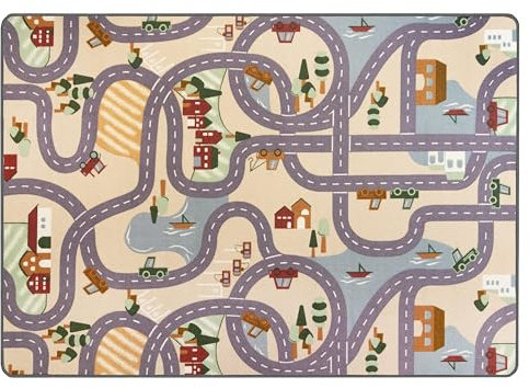 Primaflor Spielteppich Village - 95x200 cm | Straßenteppich mit Kreisverkehren | Made in EU | Kinderteppich mit Straßen für Jungen & Mädchen | für Fußbodenheizung | Kurzflor Teppich für Kinderzimmer