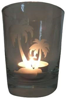 Lichtidee Teelicht Glas Windlicht Glas Trink Glas geätzt, Tischlicht Motiv Zwei Palmen, Ostern, Maritim, Natur, Handemade Unikat Liebe Ostern Muttertaggeschenk, Höhe 8cm,