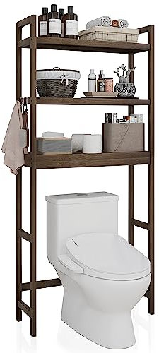 SMIBUY Bathroom Storage Shelf, Bamboo Over-The-Toilet Organizer Rack, Freestanding Toilet Space Saver with 3-Tier Adjustable Shelves (Walnut)