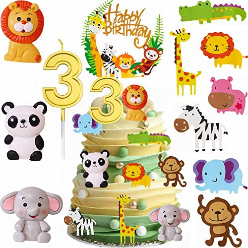 Yunchu Online Tortendeko 3. Geburtstag für Baby Kinder Mädchen Safaritiere Kuchendekoration Waldtiere Figuren Happy Birthday Kuchendeko Tiere Geburtstag Deko Kuchen Topper für 3 Jahr Junge Mädchen