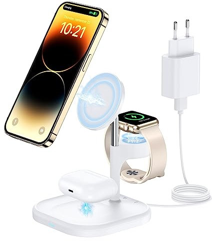 Mag Safe Ladegerät mit 18W Netzteil, 2 in 1 Induktive Ladestation Kompatibel mit iPhone 15/14/13/12 Serie, AirPods 3/2/Pro und Apple Watch Wireless Charger