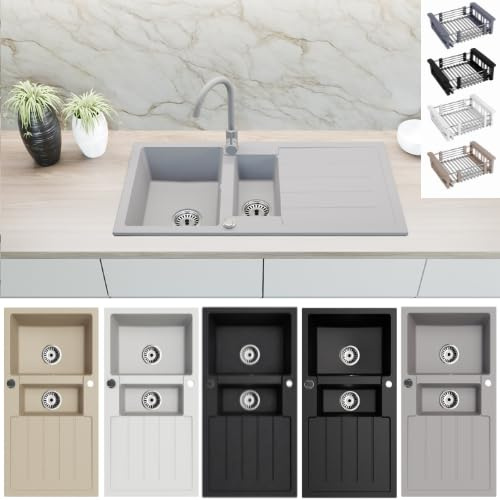 Faizee Möbel Granitspüle 100x50 Hochwertig beidseitig Montierbar Küchenspüle Granit inkl.Siphon Set (Mit Spülkorb, Grau)