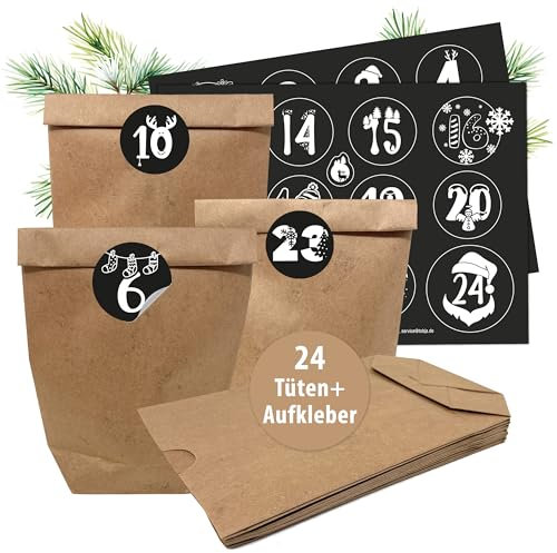 TOBJA Adventskalender zum befüllen - 24 XL Kraftpapiertüten mit Aufklebern für den individuellen Weihnachtskalender Zum Selbstgestalten und Befüllen. Adventskalender Tüten basteln (Schwarz-Weiß)