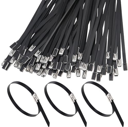 Faankiton 200 Pièces Attaches Câbles en Acier Inoxydable Autobloquantes Robustes, Attache Câbles en Métal, Collier de Serrage en Acier, Serrage de Attaches Câbles(4.6 * 300mm, Noir)