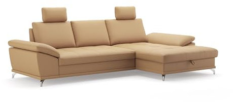 Cavadore Ecksofa Castiel mit Federkern / Eckcouch mit XL-Longchair, Bett, Bettkasten, Sitztiefenverstellung, Kopfstützen und mattschwarzen Metallfüßen / 301 x 89-114 x 176 / Echtleder, Beige