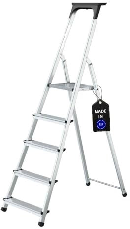 PROREGAL Stufenstehleiter Atlas mit Werkzeugablage | einseitig begehbar | 5 Stufen | Arbeitshöhe 2,97m | Traglast 125kg | Alu Leiter Vielzweckleiter Klappleiter Haushaltsleiter Arbeitsleiter