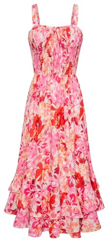 Boho Kleid Damen Casual Strandkleider Elegant Blumenkleid fließender Schwung Lässig Spaghetti Trägerkleid M Weiß-Rosa Gelbe Blume