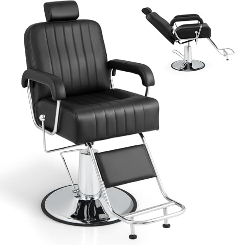 COSTWAY Friseurstuhl mit Kopfstütze & Rückenlehne, Hydraulikpumpe, Salonstuhl höhenverstellbar, Friseursessel 360° Drehung, Bedienungsstuhl belastbar bis 150kg