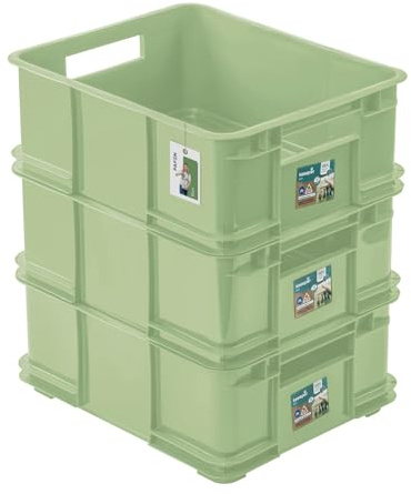 PAFEN Lot de 3 boîtes de rangement empilables Euro 20 l – 43 x 35 x 18 cm – Bac de rangement Eco Euro-box en polypropylène, vert herbe
