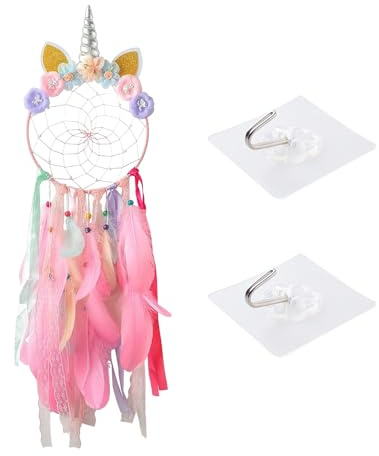 NYGGTYK 1 Stück Einhorn-Traumfänger, 2 Stück Haken, Wand-Traumfänger, Bunter Feder-Fünf-Ring-Traumfänger, Traumfänger-Set, Rosa Schlafzimmer-Accessoires