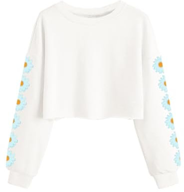 Imily Bela Girls Sweatshirt Daisy Pinted Crop Tops Cute Kids Jumper Long Sleeve Pullover Tee Shirts Clothes(White, 13-14 Years)