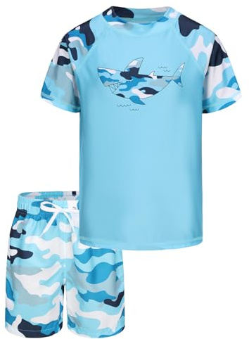 Maillot de Bain Enfant Garçon 2 Pièces - T-Shirt Anti UV à Manches Courtes et Short de Bain - 7-8 Ans