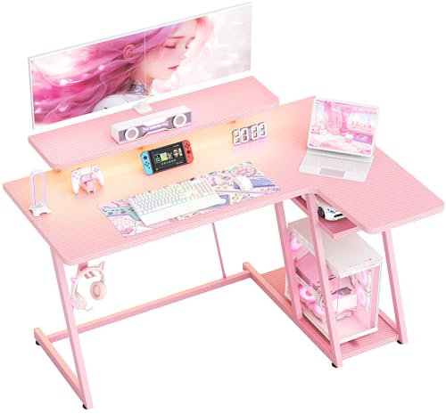HOMIDEC Gaming Desk with LED Lights, 120CM Computer Desk with Monitor Stand, L Shaped Corner Desk with Headphone Hook and Shelves for Gaming Room, Bedroom, Office, Pink
