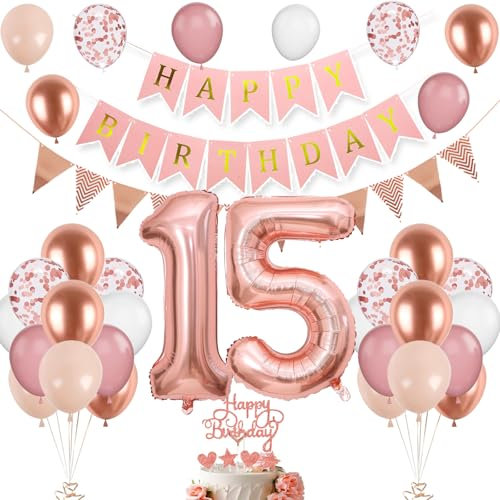 15. Geburtstag Deko Roségold - Luftballon, Tortendeko, Zahl 15 Ballons für Mädchen 51 Jahre - Party Dekoration in Weiß Rosa