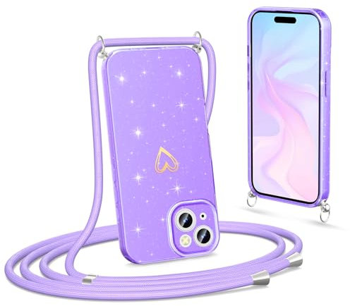 Noyabox Handykette für iPhone 13 Hülle mit Band, Glitzer Handyhülle zum Umhängen Weich Elastische Silikon TPU Schutzhülle mit Schimmer Herz Muster Abnehmbare Kordel Stoßfest, Lila