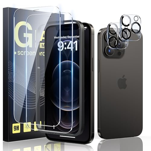 Guretok 2+2 für Panzerglas für iPhone 12 Pro mit Frame mit Kameraschutz 6,1, Militärnorm 9H Härte Schutzfolie HD Klar Panzerfolie für iPhone 12 Pro [Anti-Bläschen] [Kratzfest]