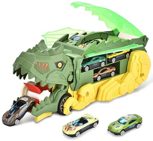 Fullware Dinosaurier Spielzeug Autos, Transport Truck Spielzeug mit 6 Spielzeugautos, Verwandelbares Dino-Schluckauto, Rennstreckenmodus, Autos Geschenk Junge 4 5 6 7 8 9 10 Jahre (dunkelgrün)
