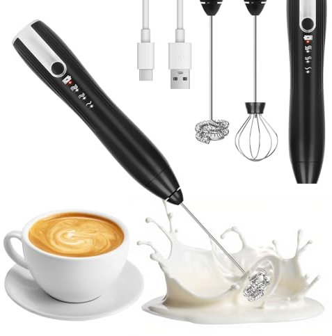 Mousseur à lait électrique portable avec 2 têtes, fouet mélangeur à mousse avec USB rechargeable 3 vitesses réglables, mélangeur de mousse pour latte, cappuccino, chocolat chaud, œuf (Noir)
