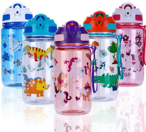 SUPPRUI Trinkflasche Kinder, 600ml Kindertrinkflasche mit Strohhalm, BPA-freie Kinder-Wasserflaschen, Sportwasserflasche mit Auslaufsicherem Flip-Top-Deckel für Mädchen und Jungen (Purple-Unicorn)