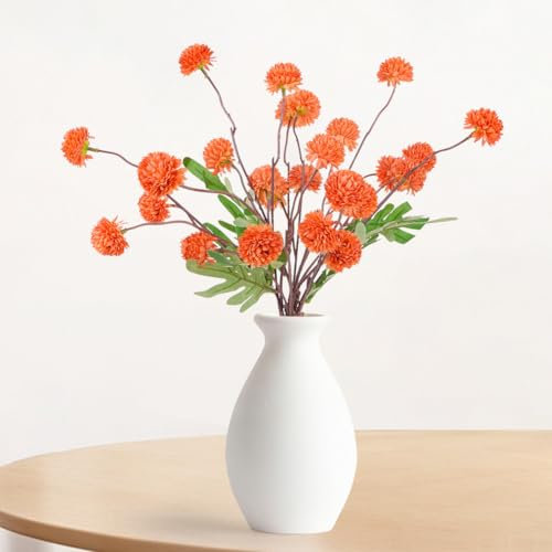 HOTUT Künstliche Kiku Blumen, 5 Stück Mini Chrysanthemen mit langem Stiel, Kunstblumen Pompon Chrysantheme, Blumendekor künstliche Blumen für Arrangement, Tischdekorationen, Partydekorationen - Orange