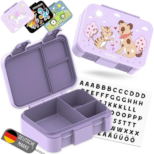 BEARFOOT Bento Box COMPACT Kinder Brotdose (Hund&Katze-lila, 650 ml) | BPA-frei, auslaufsichere Lunchbox mit Fächern, für Schule & Kindergarten, für Mädchen & Jungen, leicht & kompakt