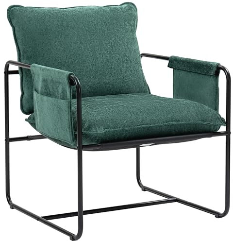 HOMCOM Modern Accent Chair, Chenille Armchair with Side Pockets and Steel Frame, Upholstered Reading Chair for Bedroom, Living Room, Green
