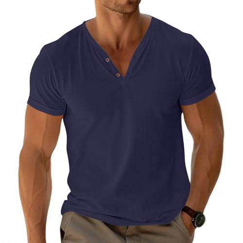 Fastkoala Mens Basic Tees Henley T-Shirt Short Sleeve Tops Casual Shirt Cotton Button V-Neck