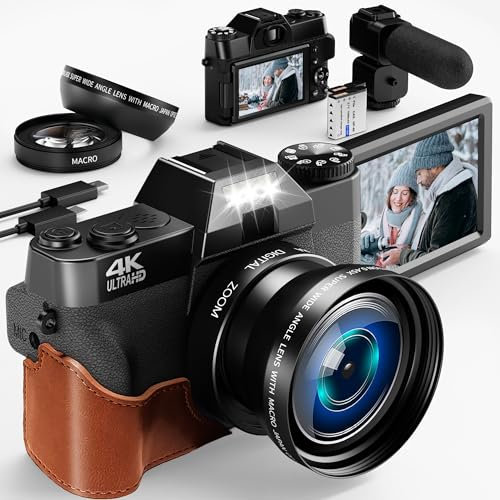 4K Cámara Digital, 56MP Cámara de Fotos con 180 ° Flip 3.5 de Pantalla, 18X Zoom Digital Cámara compacta con Lente Gran Angular y Lente Macro, 32GB Tarjeta TF, WiFi Funcionalidad, Negro