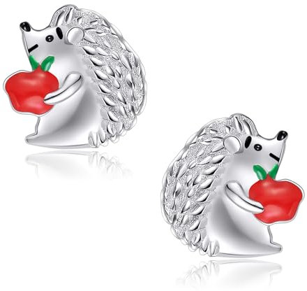 JERWLI Igel-Ohrringe für Damen, 925er Sterlingsilber, süße Apfel-Ohrstecker, Igel-Schmuck, Geschenk für Frauen, Mütter und Lehrerinnen