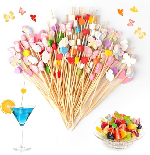 150 Stück Spieße Fingerfood, Schmetterlinge Schaschlikspieße holz, 12cm Cocktail Deko Sticks, Bunt Herzen Cocktailspieße, Fasching Party Cocktail Zahnstocher für Bar Geburtstag Obst Schaschlikspieße