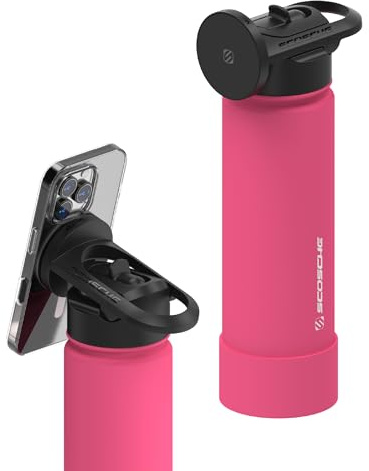 Scosche MFMS22 MagicMount Flask 22 oz Stainless Steel Water Bottle with MagSafe Phone Mount Stand, 12H Hot & 24H Cold Insulated Flask with Magnetic Phone Holder for Gym, Car, Travel, Sports 22oz, Pink