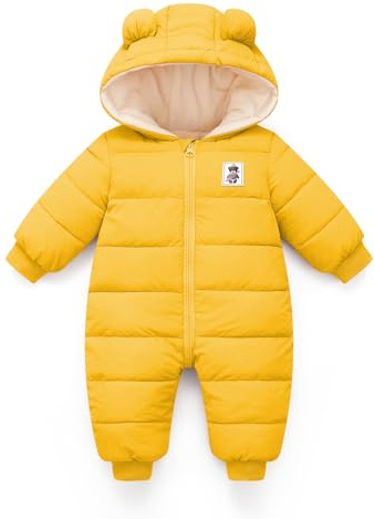 Minizone Baby Snowsuit Winter Hooded Romper, Warm Pramsuit Baby Coat Jumpsuit Zipper Bodysuits Infant Clothes Outfits Boys Girls 9-12 Months Light yellow