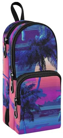 Federmäppchen im Vapor-Wellen-Design, tropischer Baum, Sonnenblau, Nylon, 3 Fächer, multifunktionales Federmäppchen für Mädchen, Schreibwaren-Tasche für Teenager, Jungen, Büro, 1600 ml