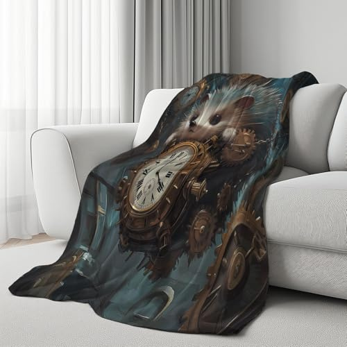 Kuscheldecke für den Winter, Warme Steampunk Igel Fleecedecke für Kalte | Tage Mechanische Uhr Flanelldecke Science-Fiction Tier Sofadecke Flauschig Weich für Bett Couch, 150x200 cm
