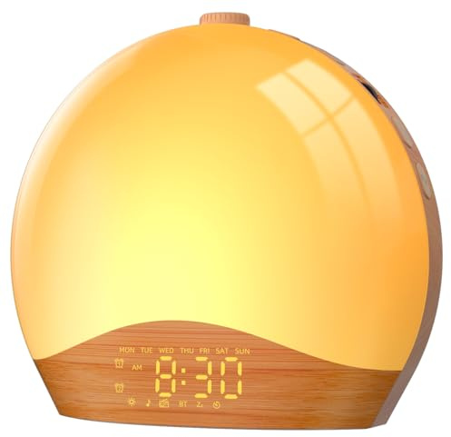 LIORQUE Tageslichtwecker Lichtwecker Sonnenaufgang Simulation | Wecker mit Licht und Wake Up Light, Radio, 9 dynamische Beleuchtungsfarben, 20 Helligkeitsstufen, 2 Alarme und Snooze